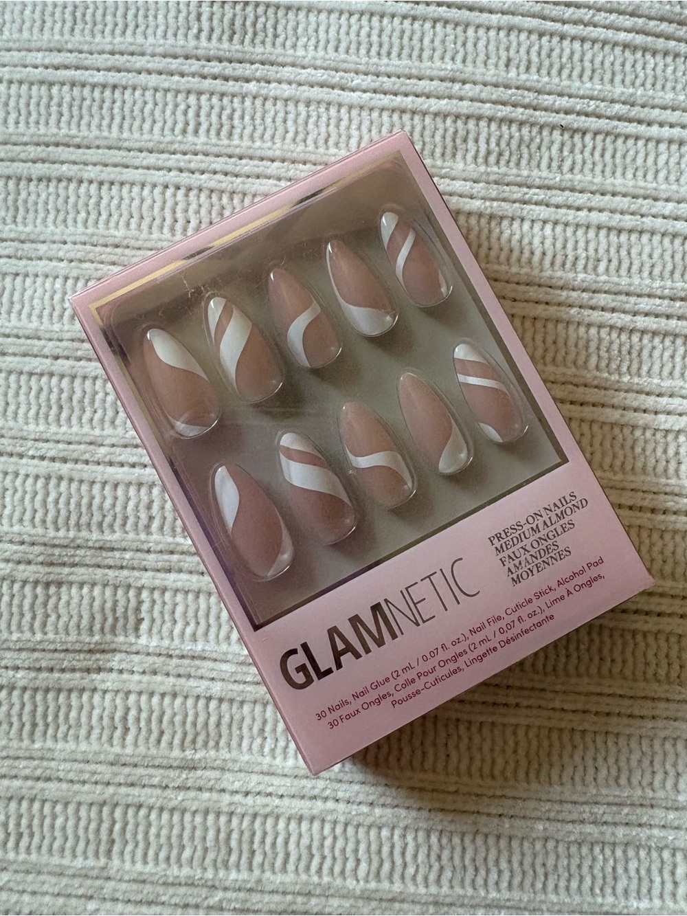 Glamnetic Pink Press-On Almond Nails with White Swirl Marshmallow Swirl